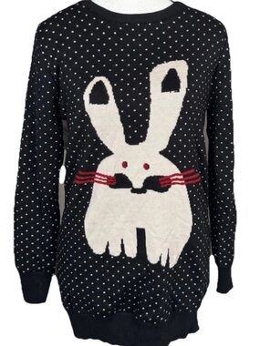 Bunny Rabbit Polka Dot Black Sweater Cashmere Wool Blend *Small Fleece Lined